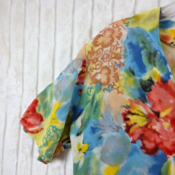 VTG Tess 100% Silk Blouse Women's  Colorful Tropical Floral Short Sleeve Size M - Picture 2 of 13